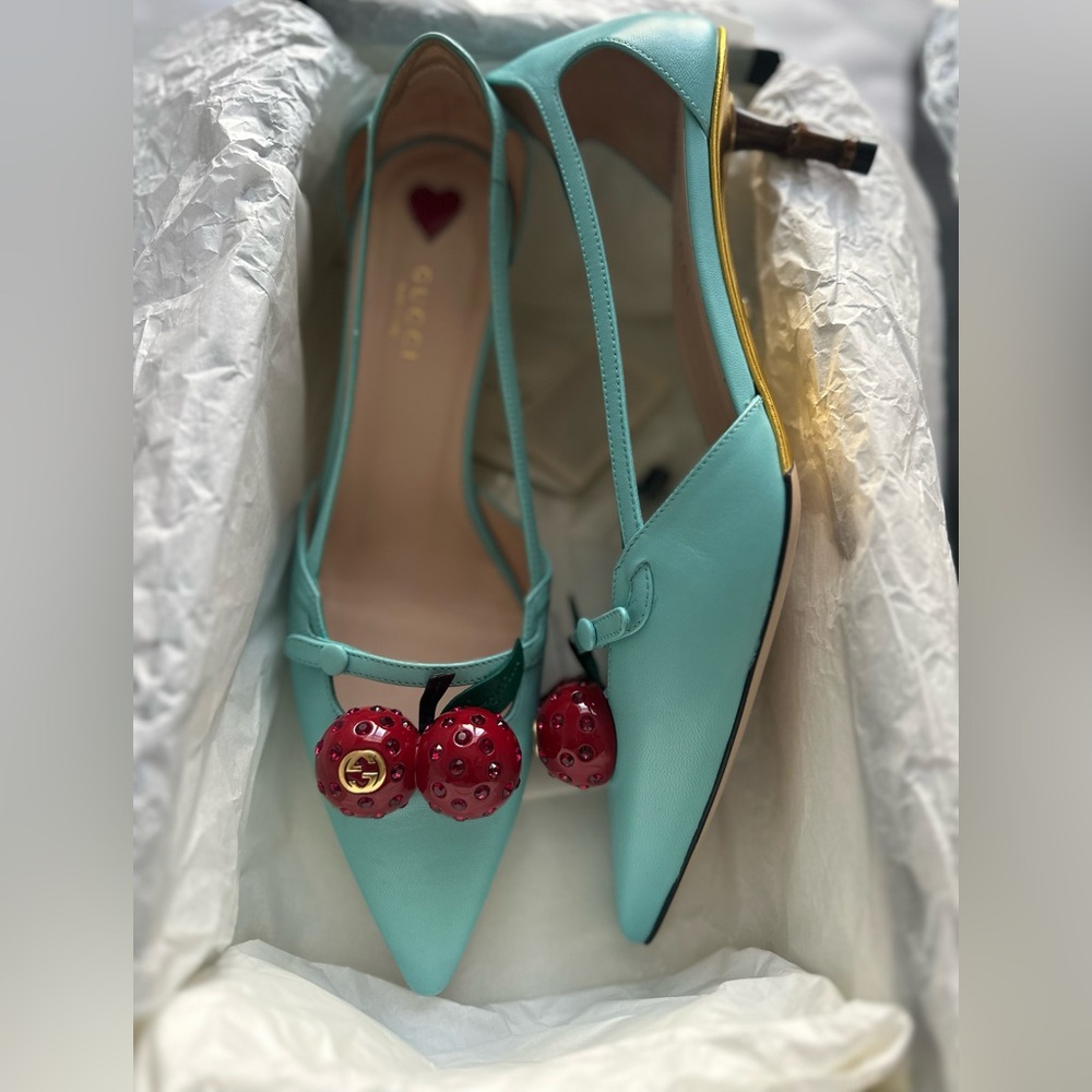 Gucci Turquoise Slingback Heels with Red Cherry Detail